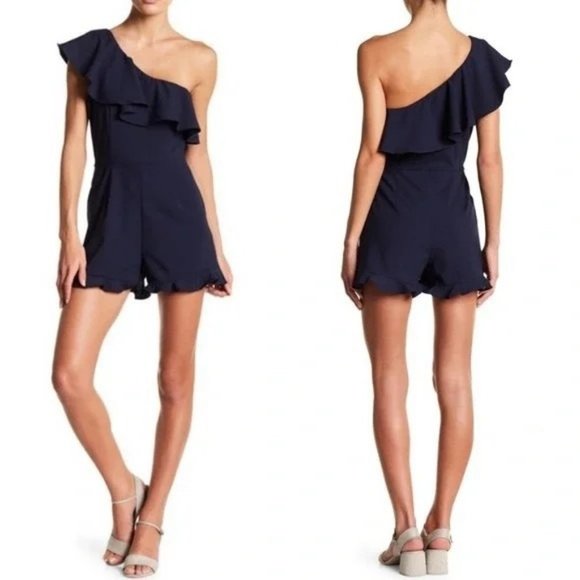 J by J.O.A Navy Blue One Shoulder Ruffle Romper REVOLVE Medium - Picture 1 of 4